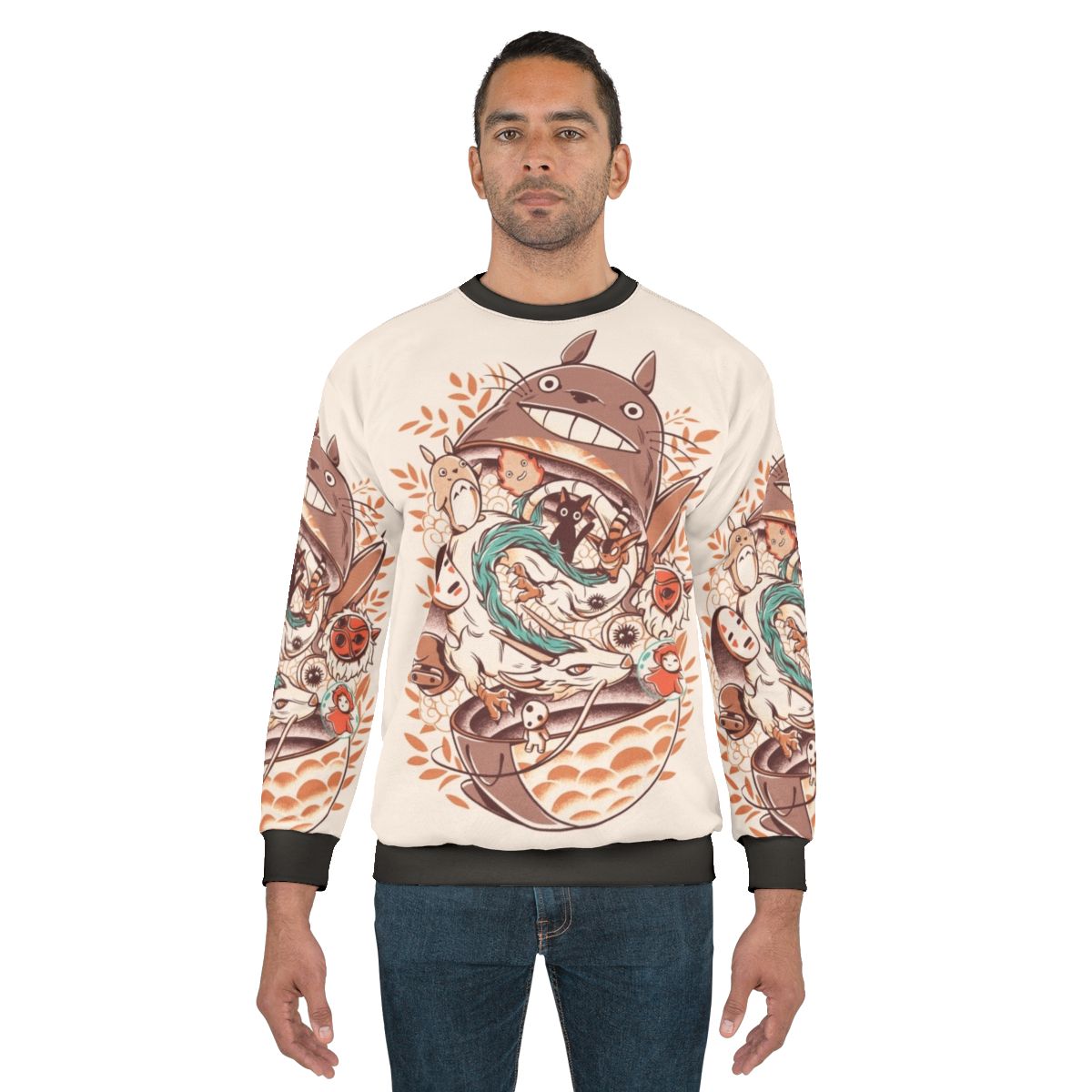 Matryoshka-inspired anime sweatshirt with nature and fantasy elements