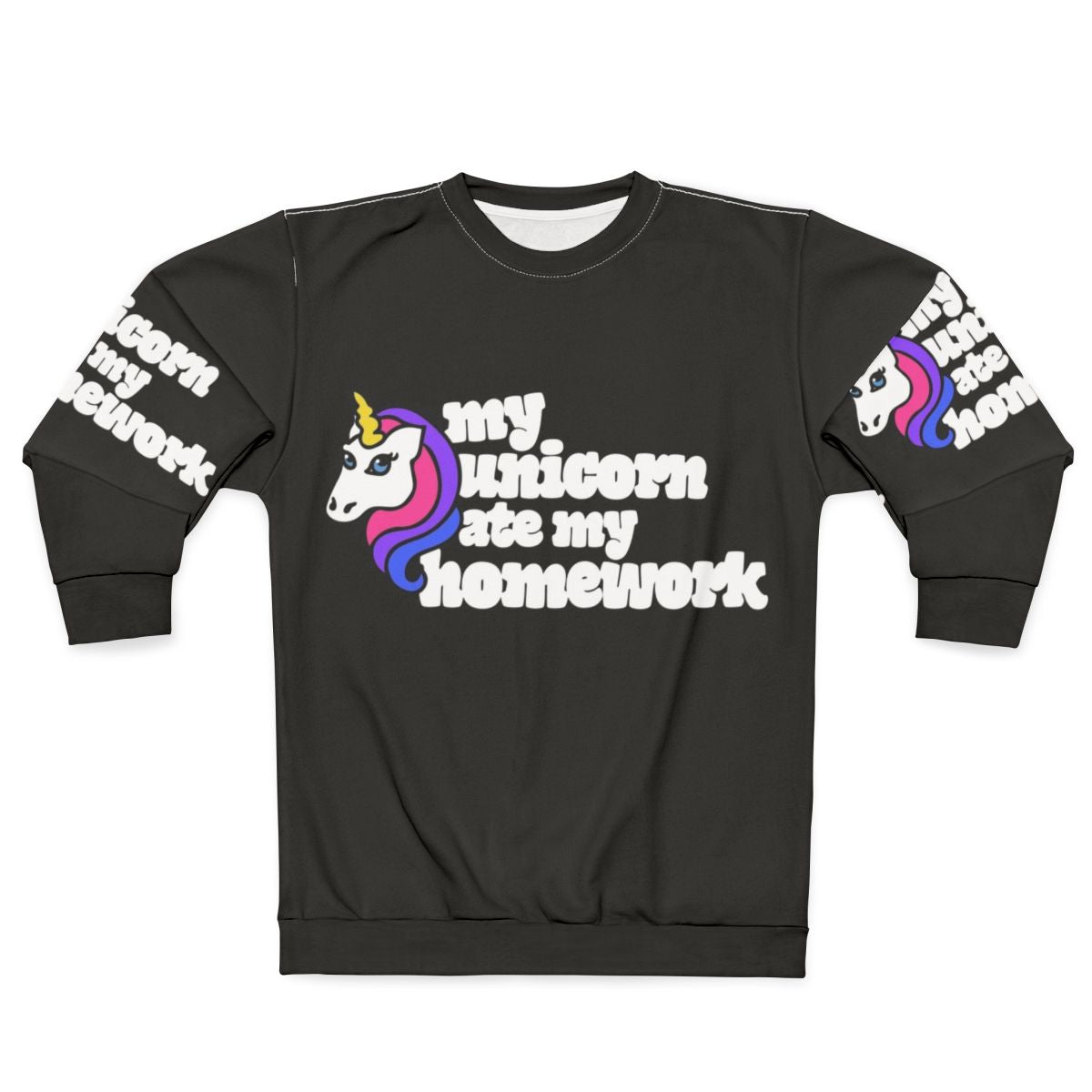 Cozy unicorn sweatshirt with "My Unicorn Ate My Homework" design