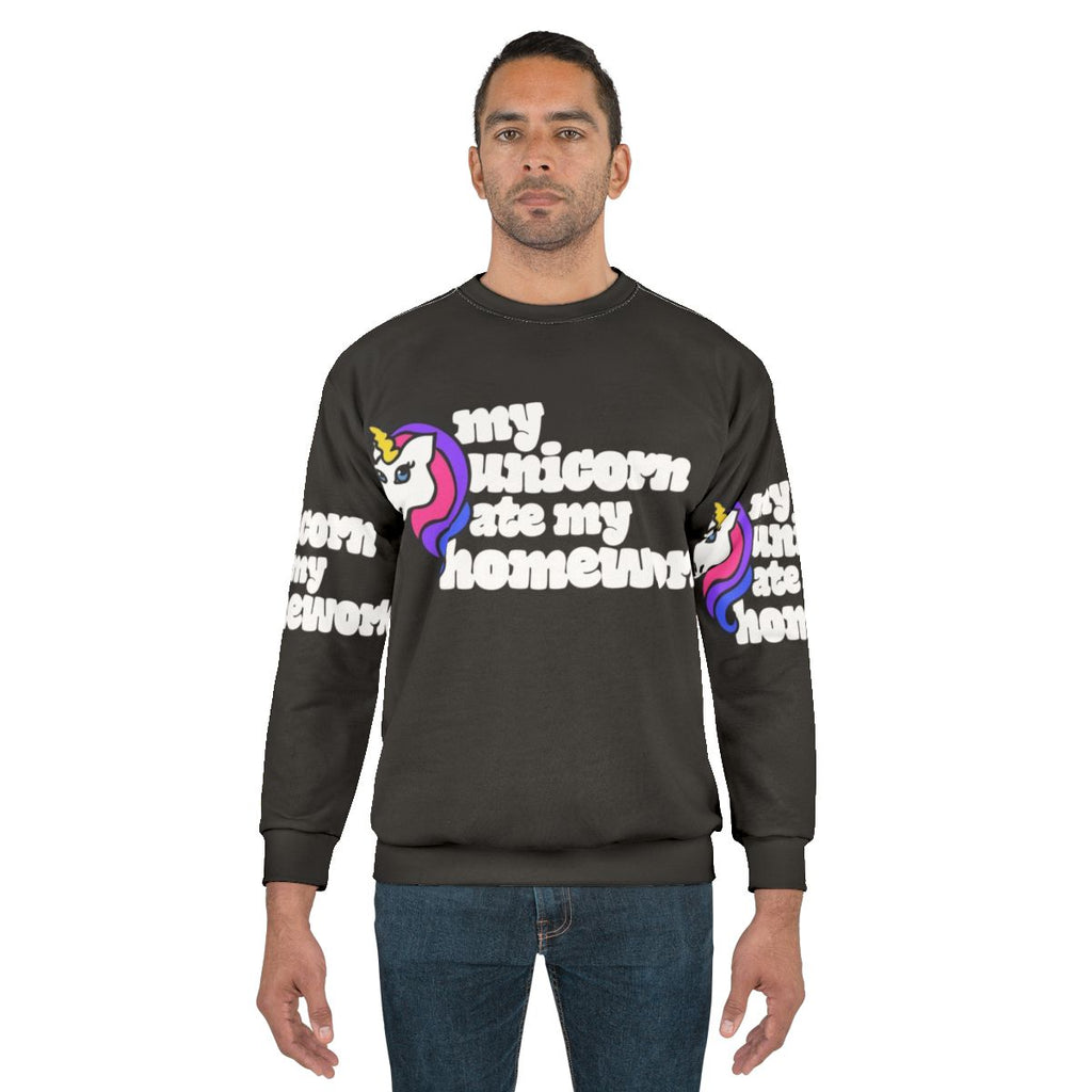 Cozy unicorn sweatshirt with "My Unicorn Ate My Homework" design