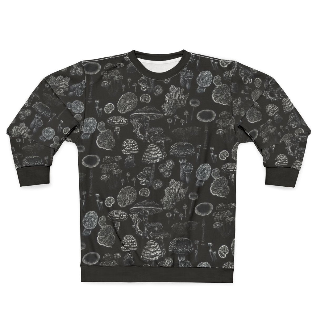 Mycology Black Sweatshirt featuring mushroom and fungi botanical design