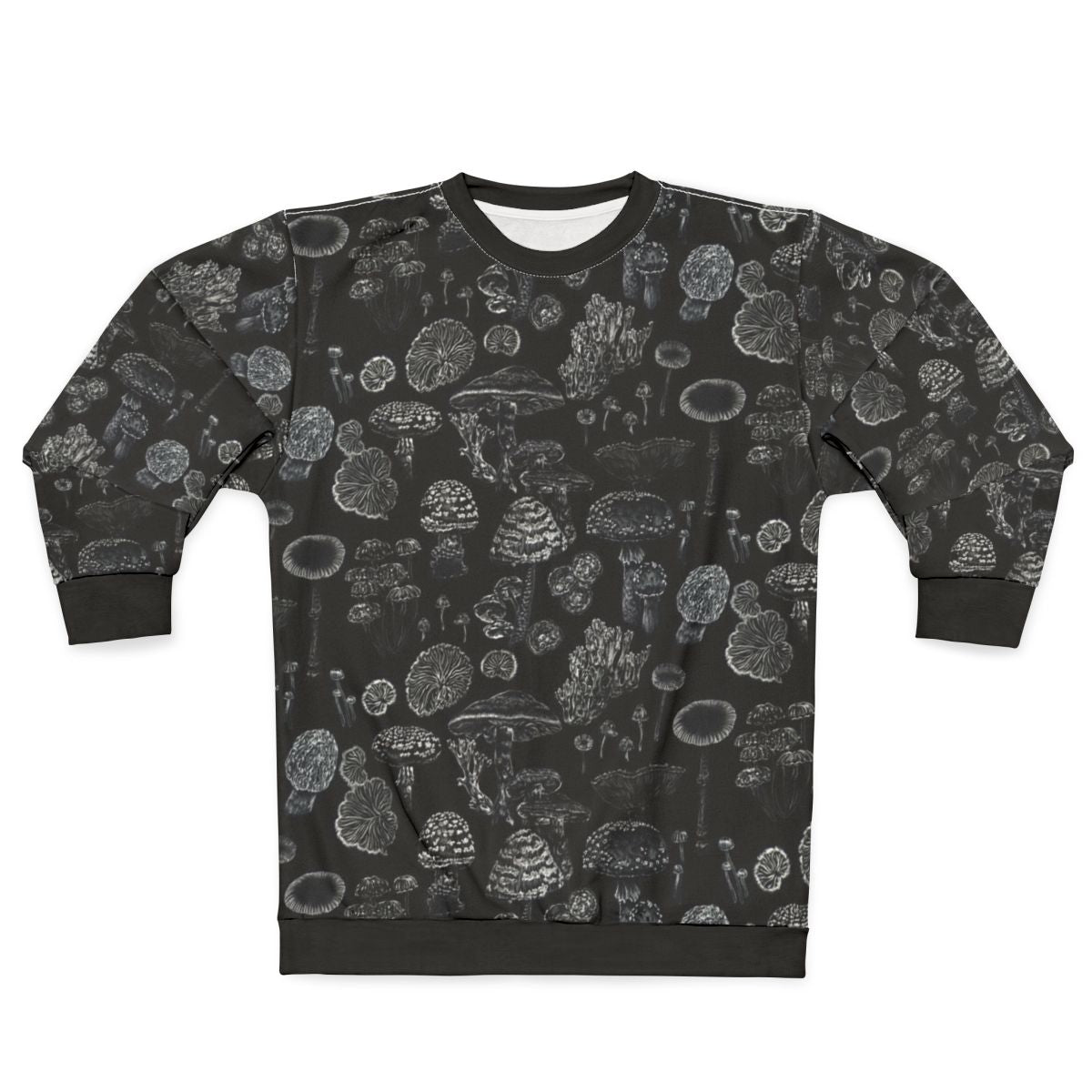 Mycology Black Sweatshirt featuring mushroom and fungi botanical design