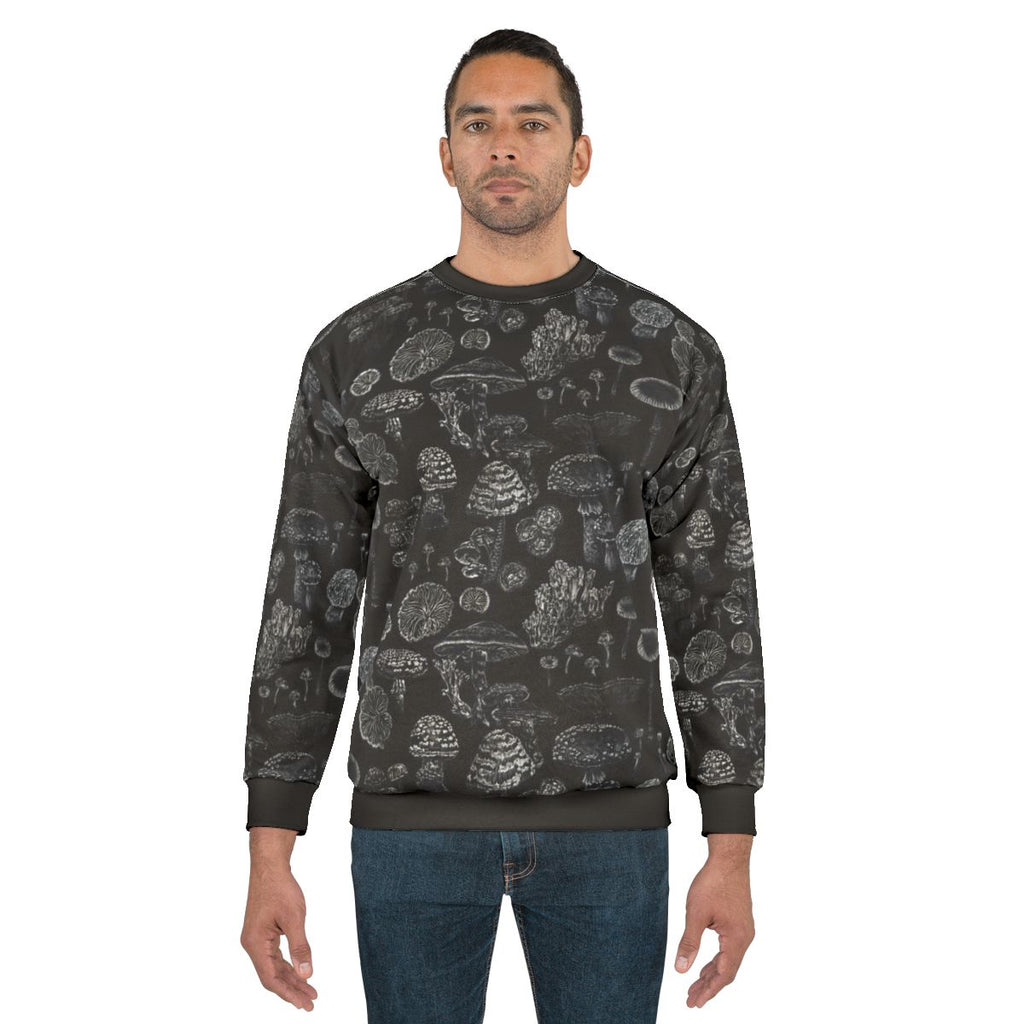 Mycology Black Sweatshirt featuring mushroom and fungi botanical design