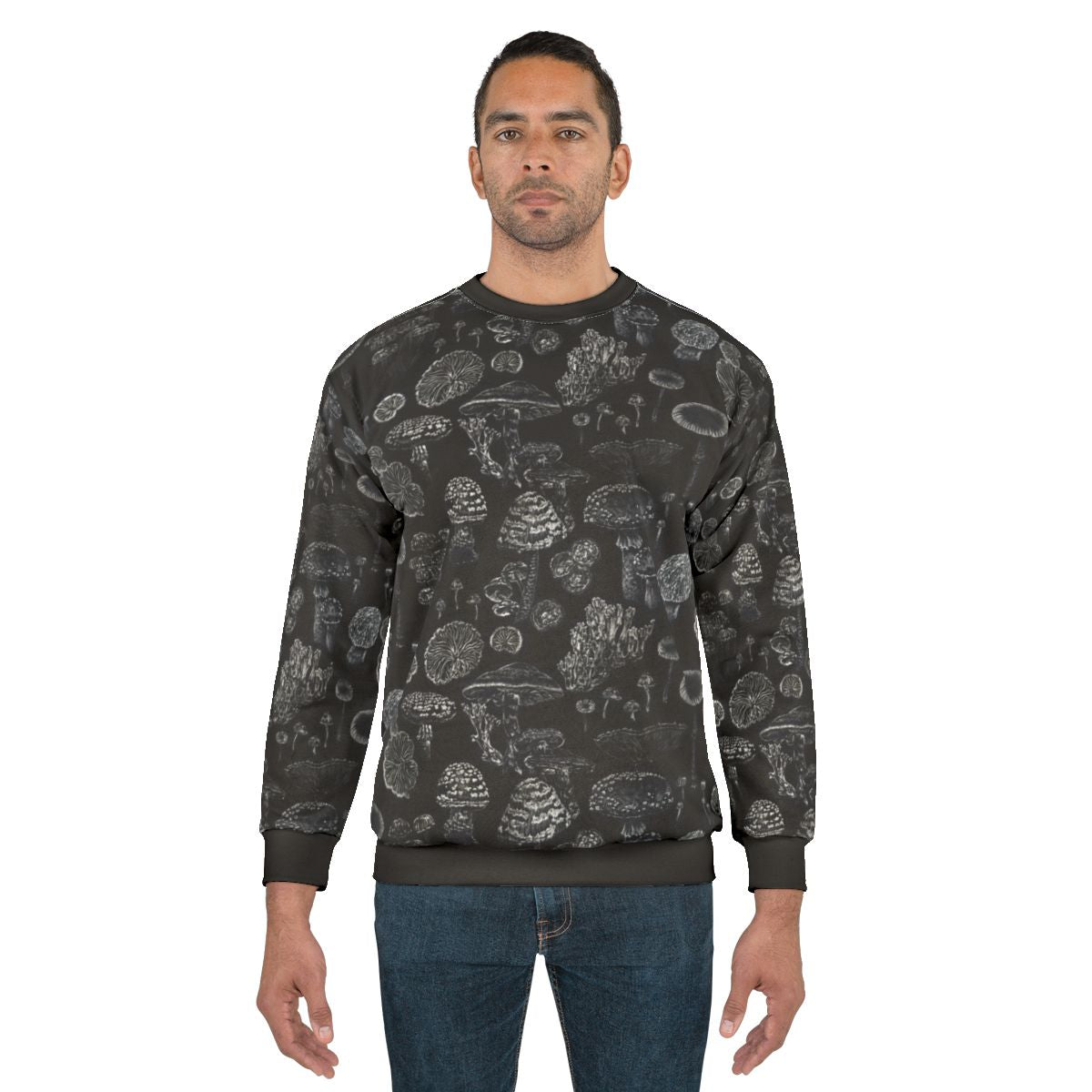 Mycology Black Sweatshirt featuring mushroom and fungi botanical design