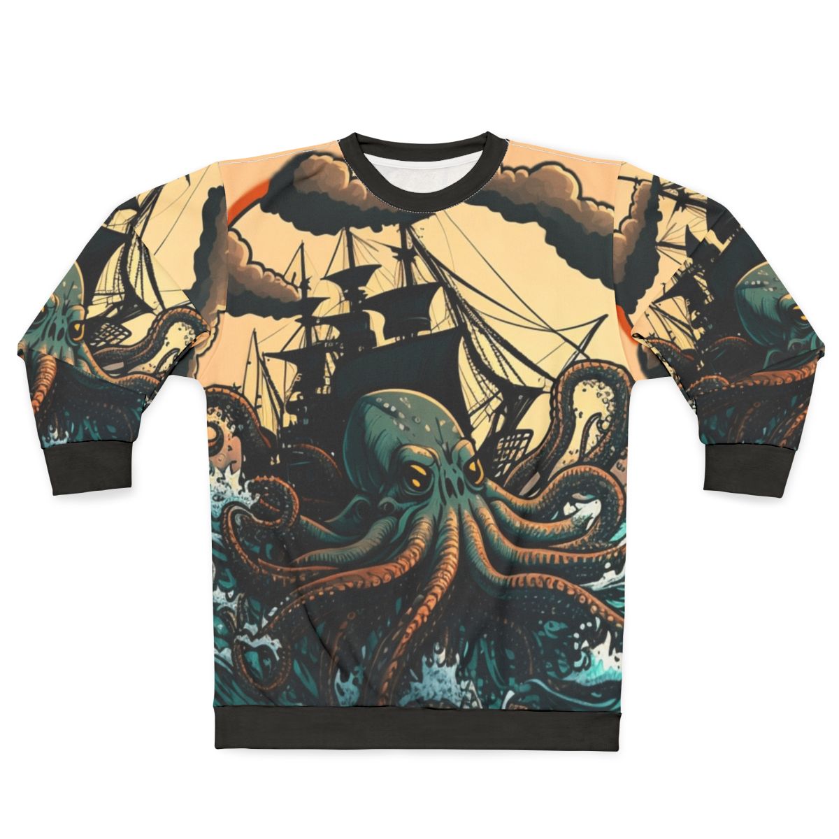 Illustration of various mythical sea creatures on a cozy sweatshirt