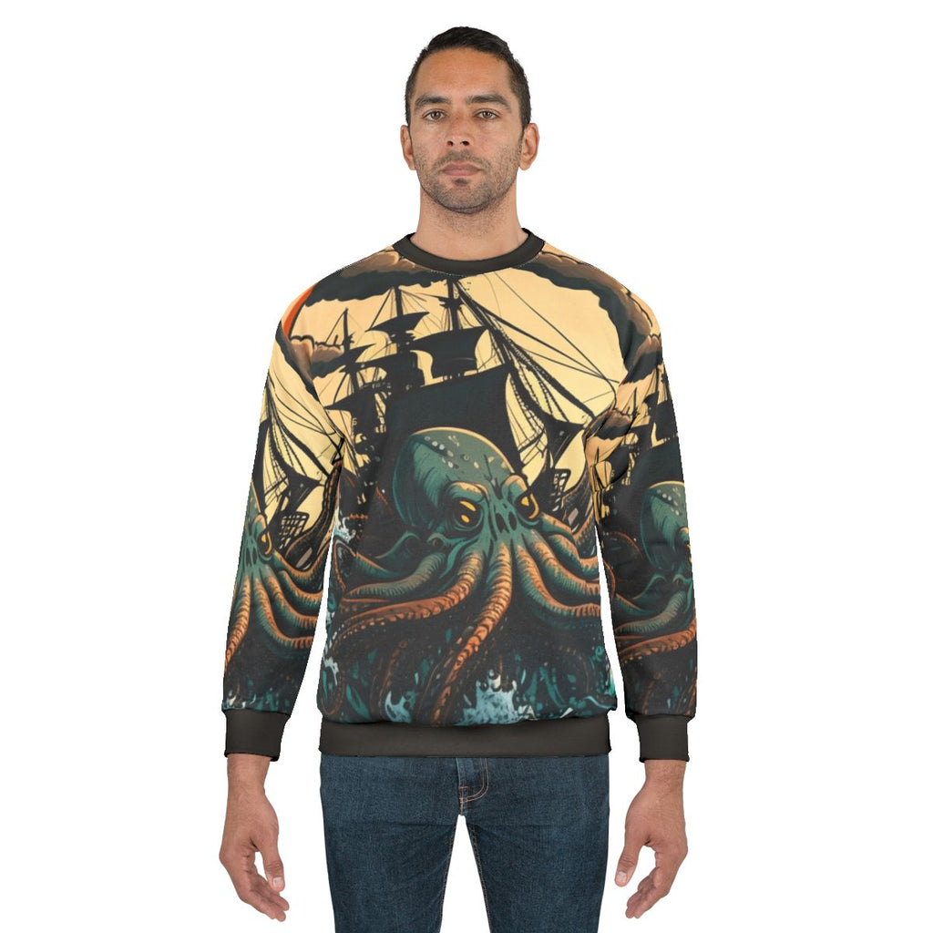 Illustration of various mythical sea creatures on a cozy sweatshirt