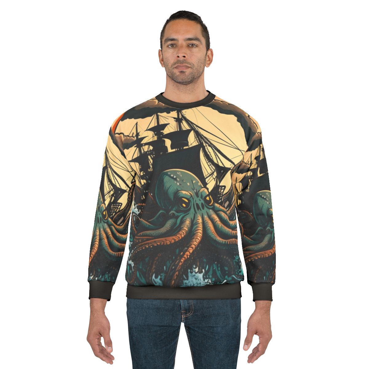 Illustration of various mythical sea creatures on a cozy sweatshirt