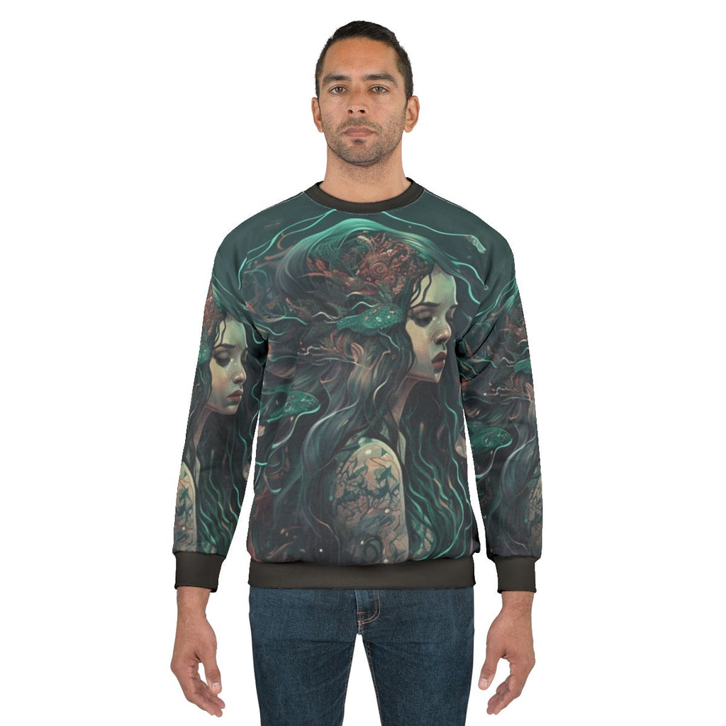 Sweatshirt featuring a design of mythical sea creatures