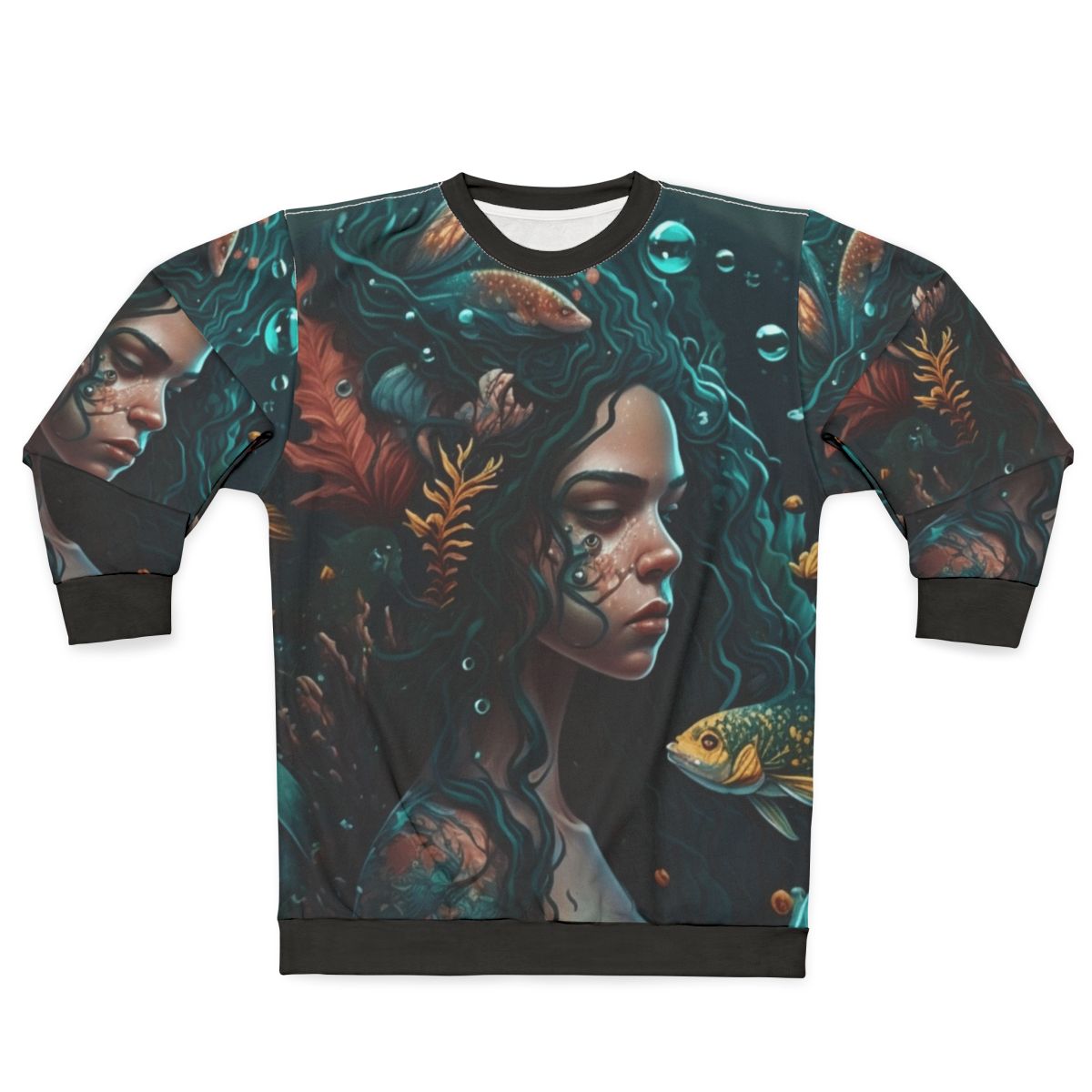 Whimsical sweatshirt featuring mythical sea creatures and fantasy beasts