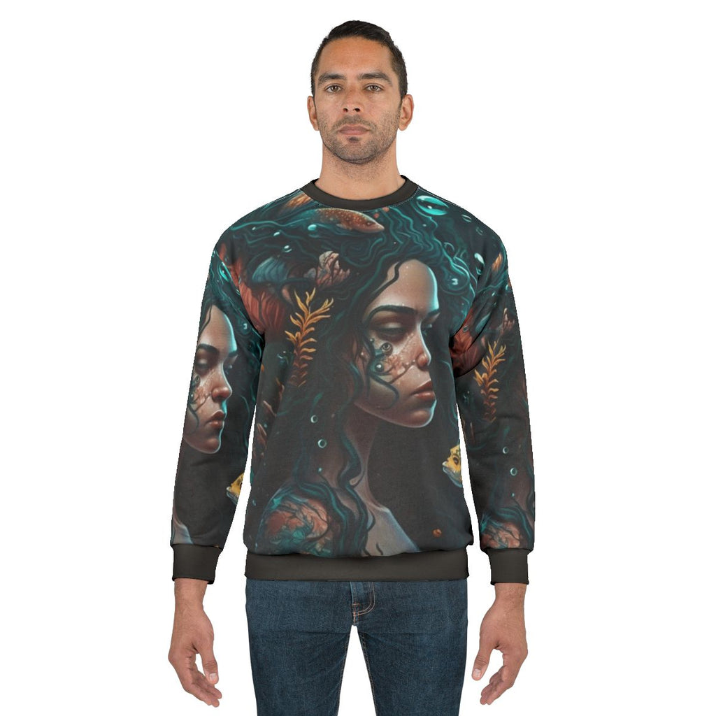 Whimsical sweatshirt featuring mythical sea creatures and fantasy beasts