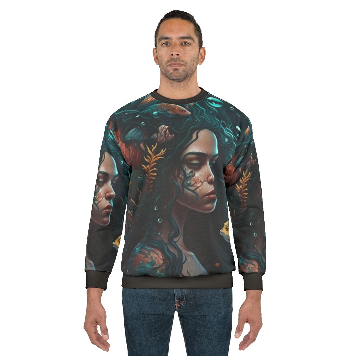 Whimsical sweatshirt featuring mythical sea creatures and fantasy beasts