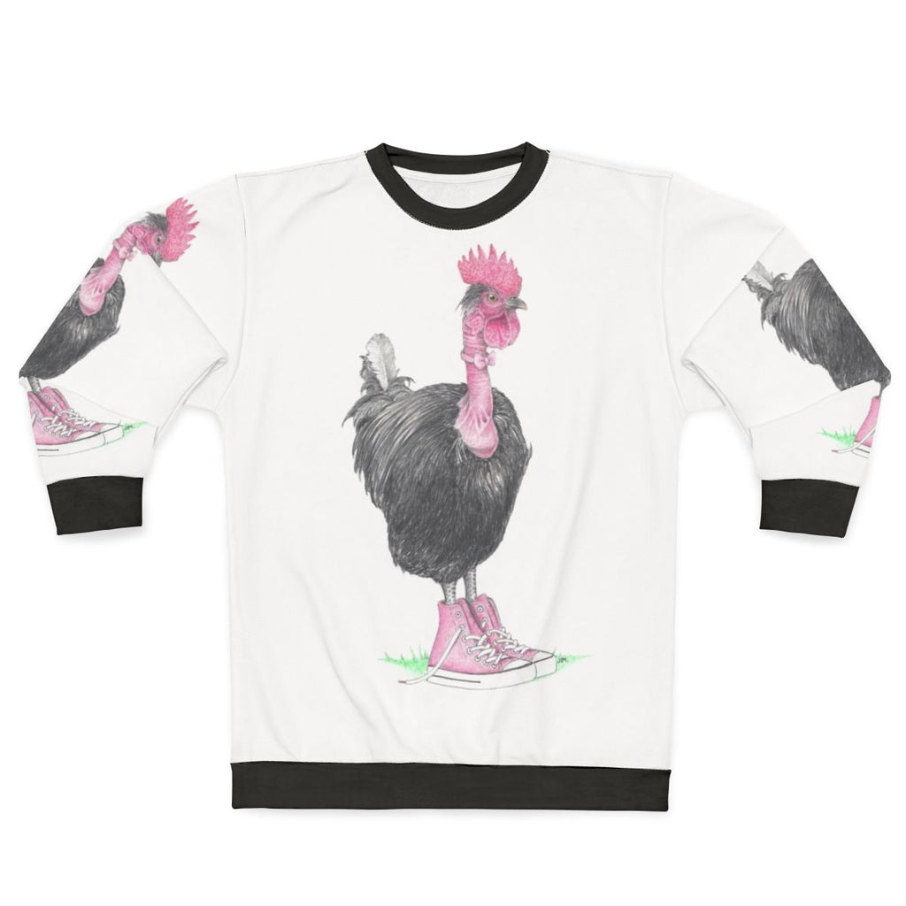 Chicken wearing high top sneakers on a sweatshirt