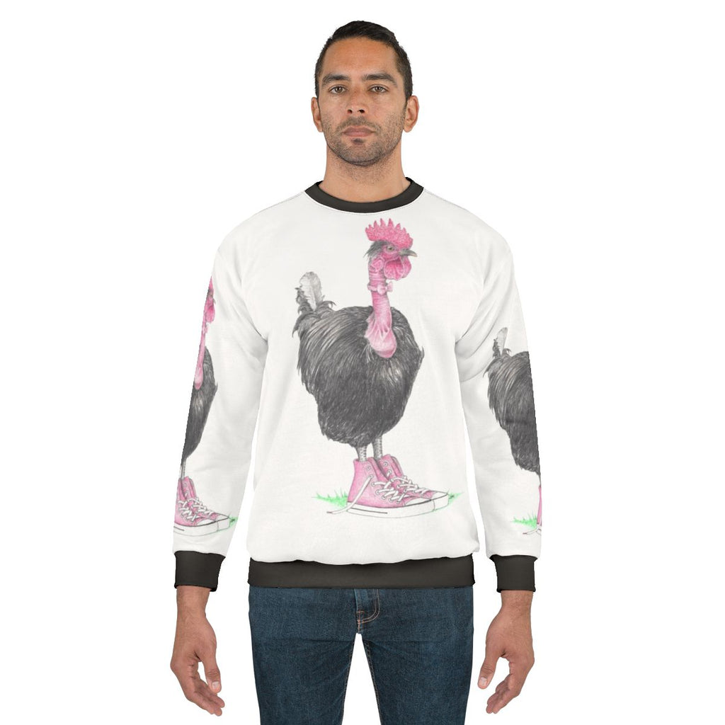 Chicken wearing high top sneakers on a sweatshirt