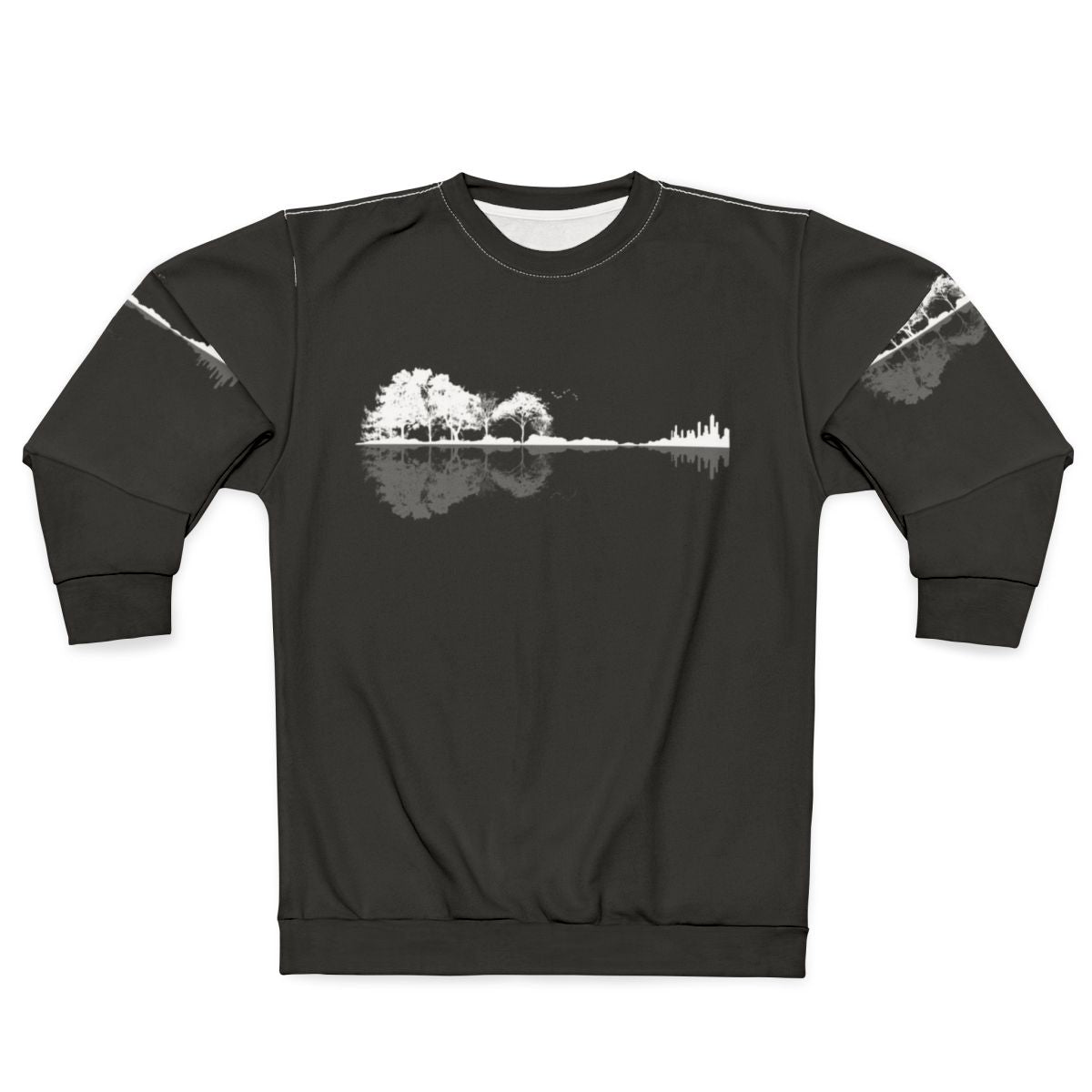 Minimalist nature guitar sweatshirt with artistic black and white landscape design