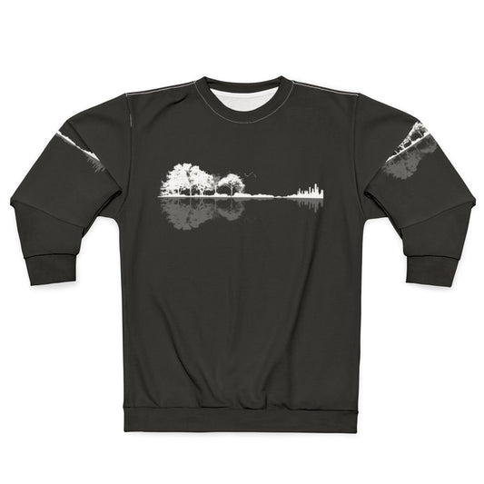 Minimalist nature guitar sweatshirt with artistic black and white landscape design