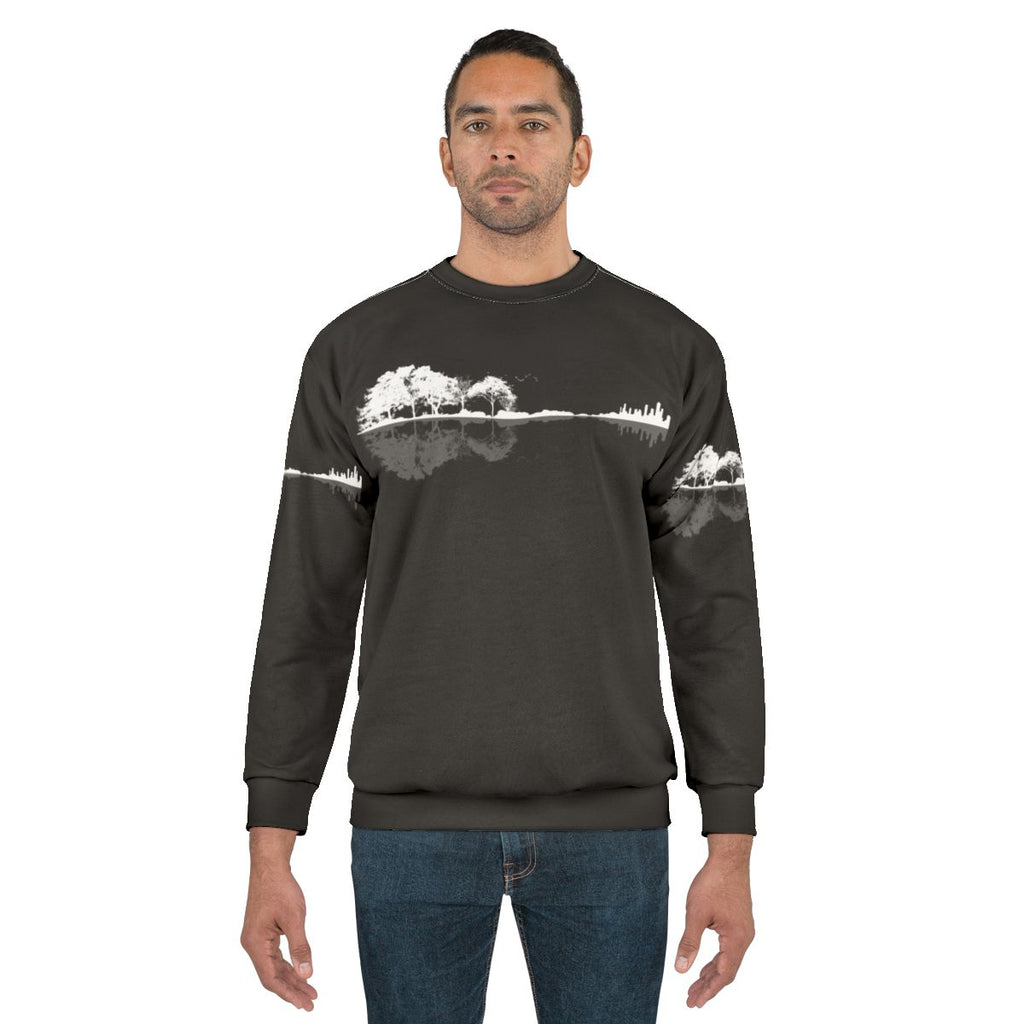 Minimalist nature guitar sweatshirt with artistic black and white landscape design
