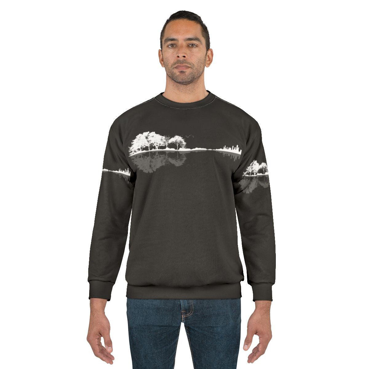 Minimalist nature guitar sweatshirt with artistic black and white landscape design