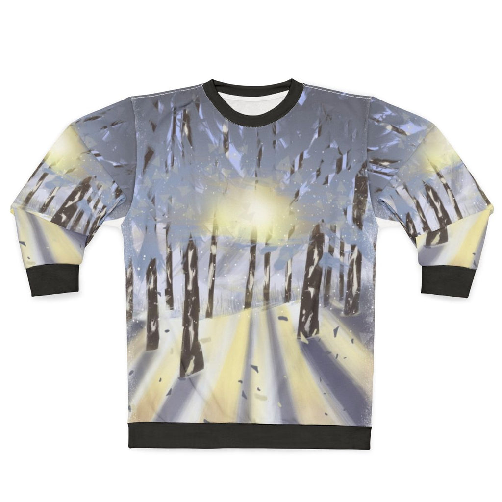 Cozy nature-inspired winter sweatshirt with forest and snow scene