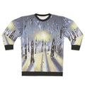 Cozy nature-inspired winter sweatshirt with forest and snow scene
