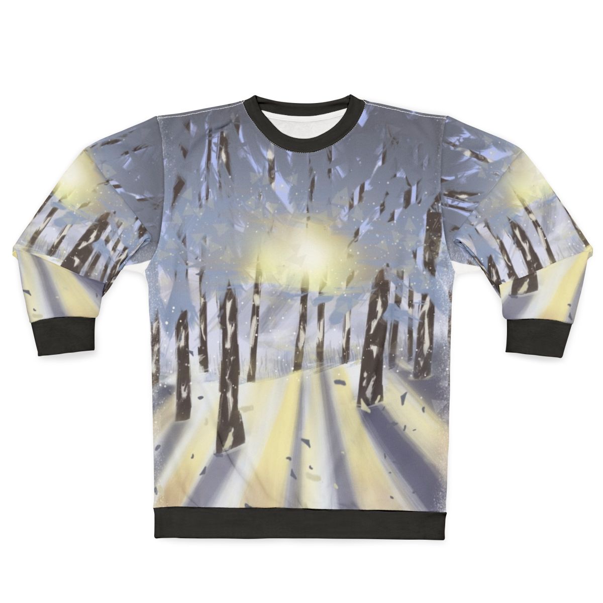 Cozy nature-inspired winter sweatshirt with forest and snow scene