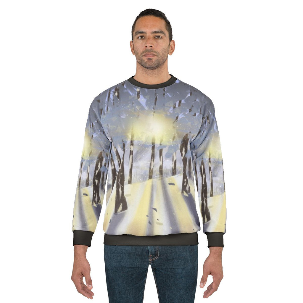 Cozy nature-inspired winter sweatshirt with forest and snow scene