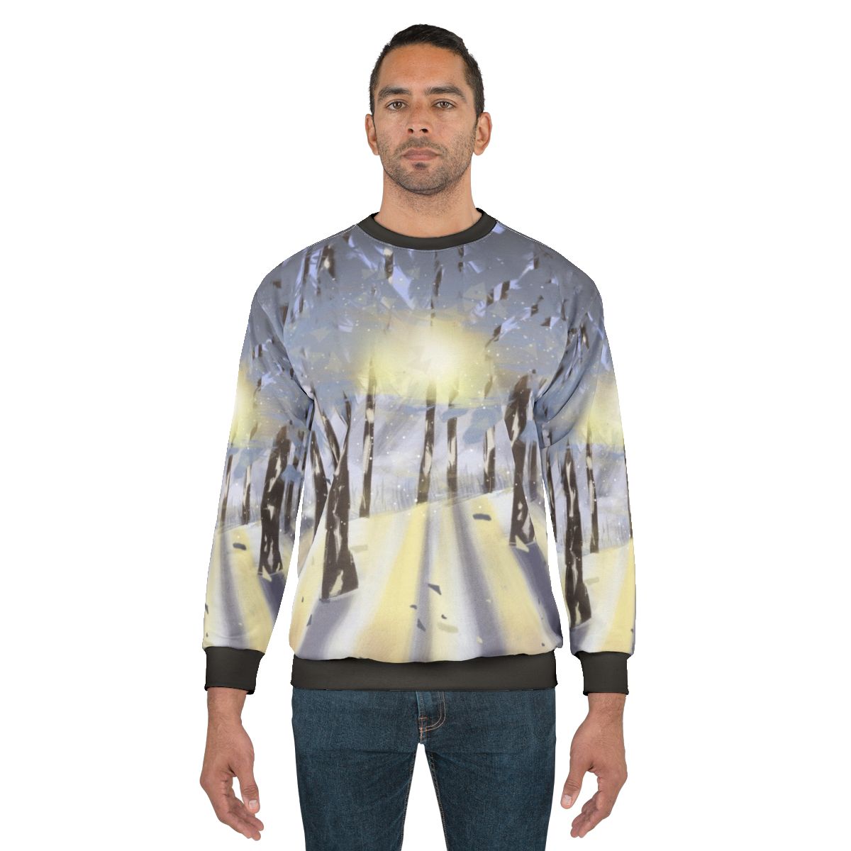 Cozy nature-inspired winter sweatshirt with forest and snow scene