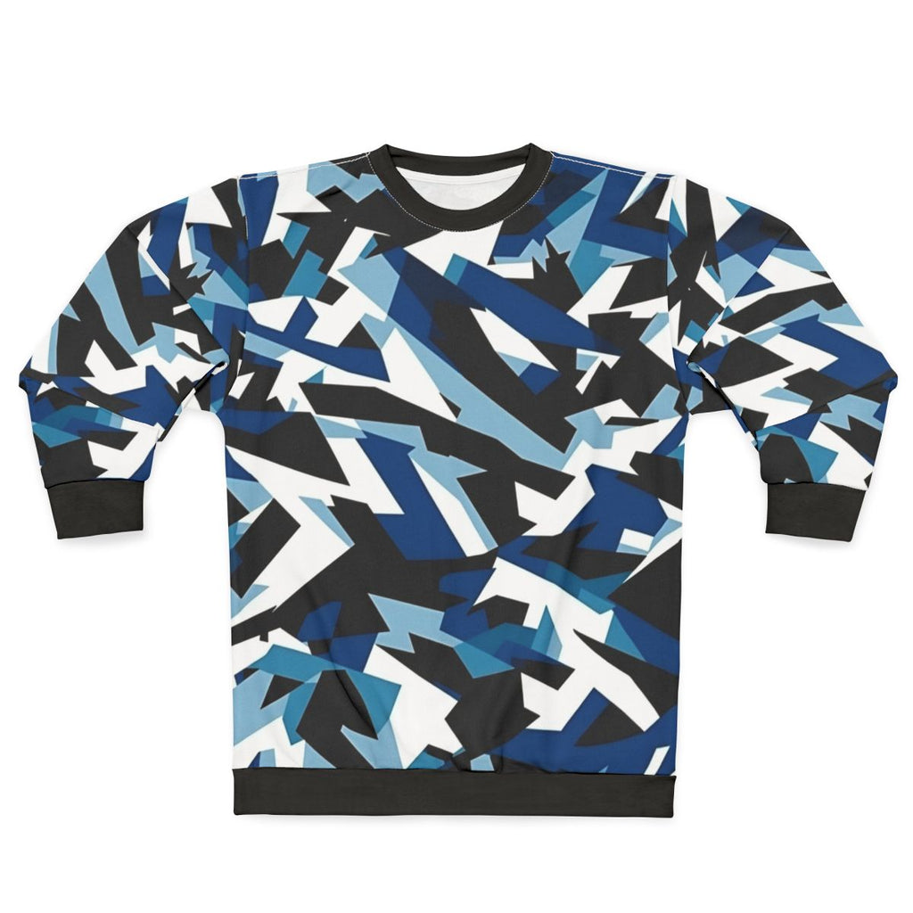 Navy dazzle camo sweatshirt featuring military-inspired camouflage pattern