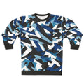 Navy dazzle camo sweatshirt featuring military-inspired camouflage pattern
