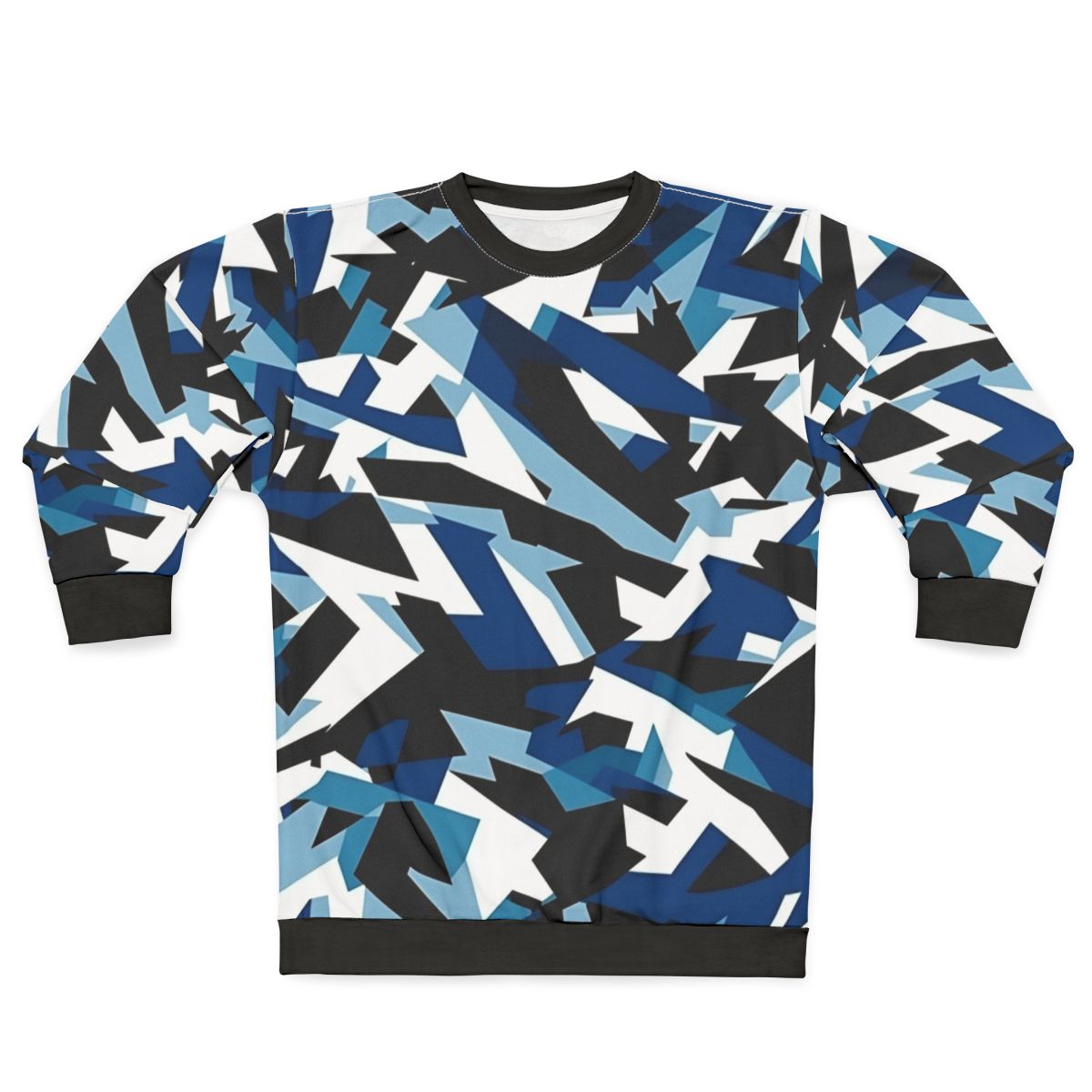Navy dazzle camo sweatshirt featuring military-inspired camouflage pattern