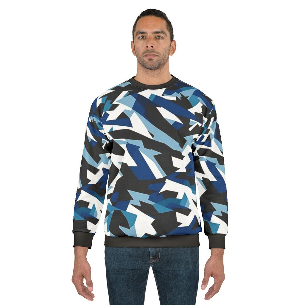 Navy dazzle camo sweatshirt featuring military-inspired camouflage pattern