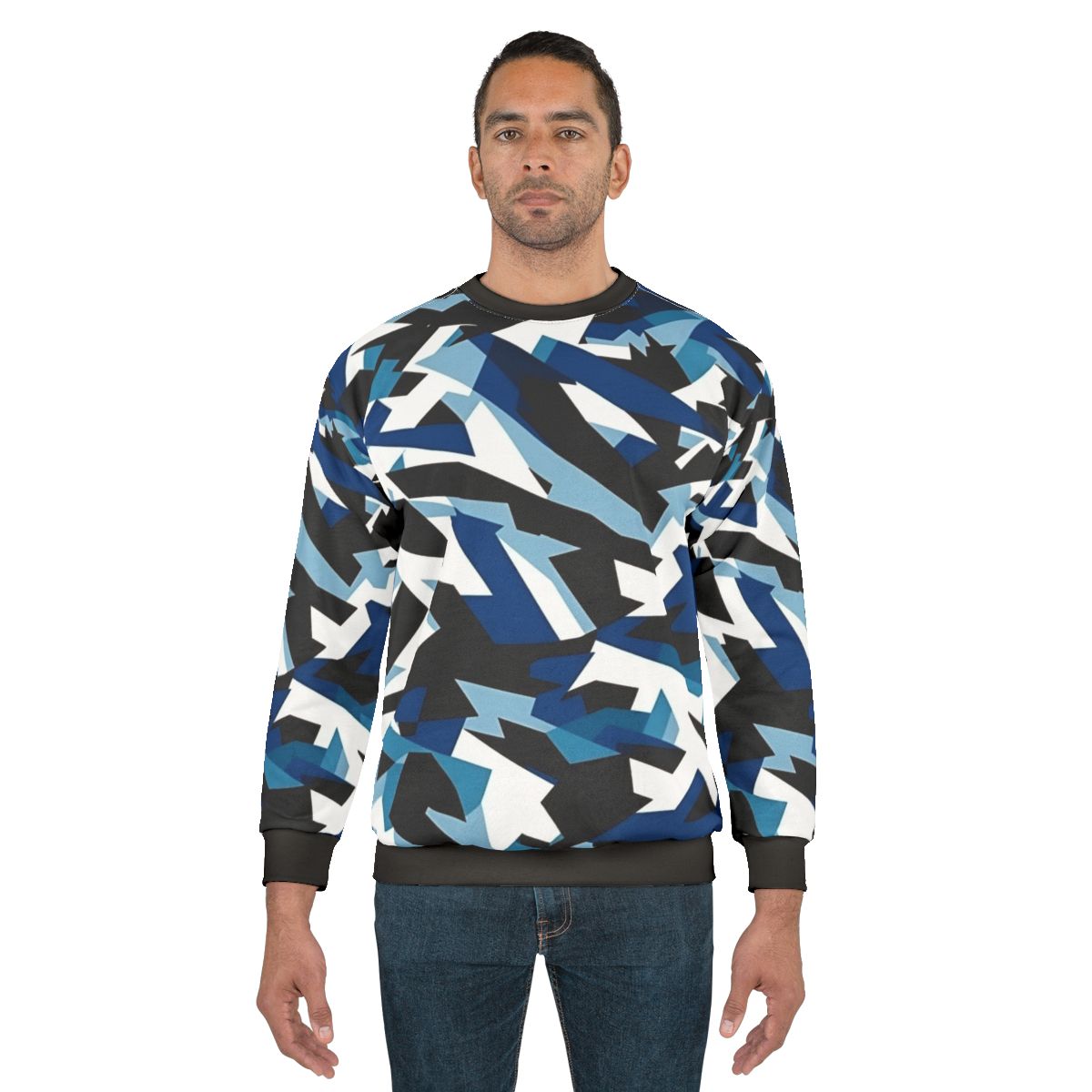 Navy dazzle camo sweatshirt featuring military-inspired camouflage pattern