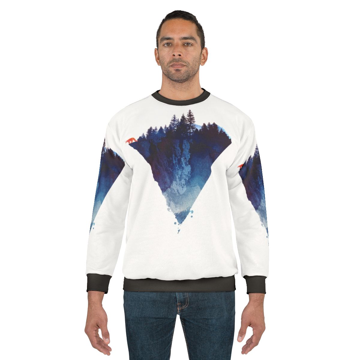 Watercolor forest sweatshirt with a majestic fox