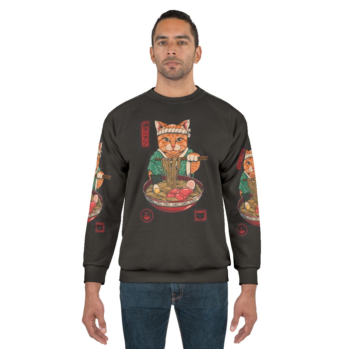Neko Ramen Sweatshirt featuring a cat design with a ramen bowl