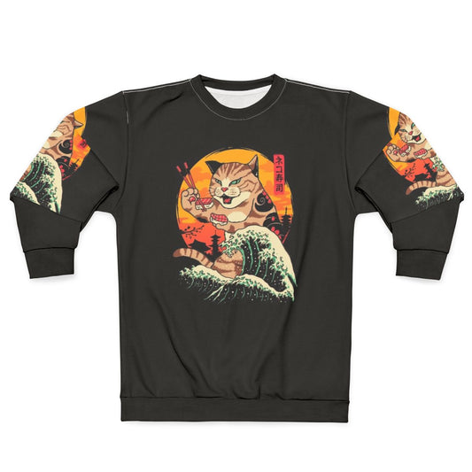 Neko Sushi Wave Sweatshirt featuring a kawaii cat in a sushi design with Hokusai's Great Wave