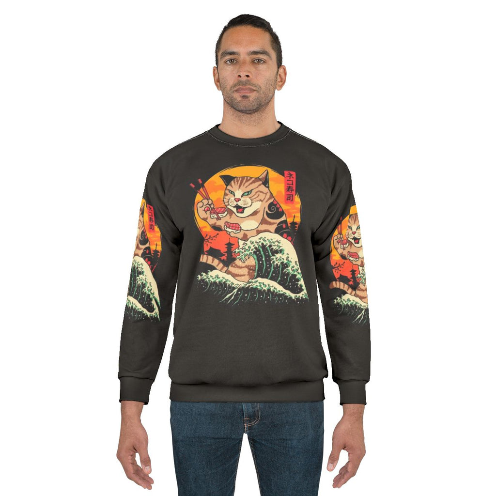 Neko Sushi Wave Sweatshirt featuring a kawaii cat in a sushi design with Hokusai's Great Wave
