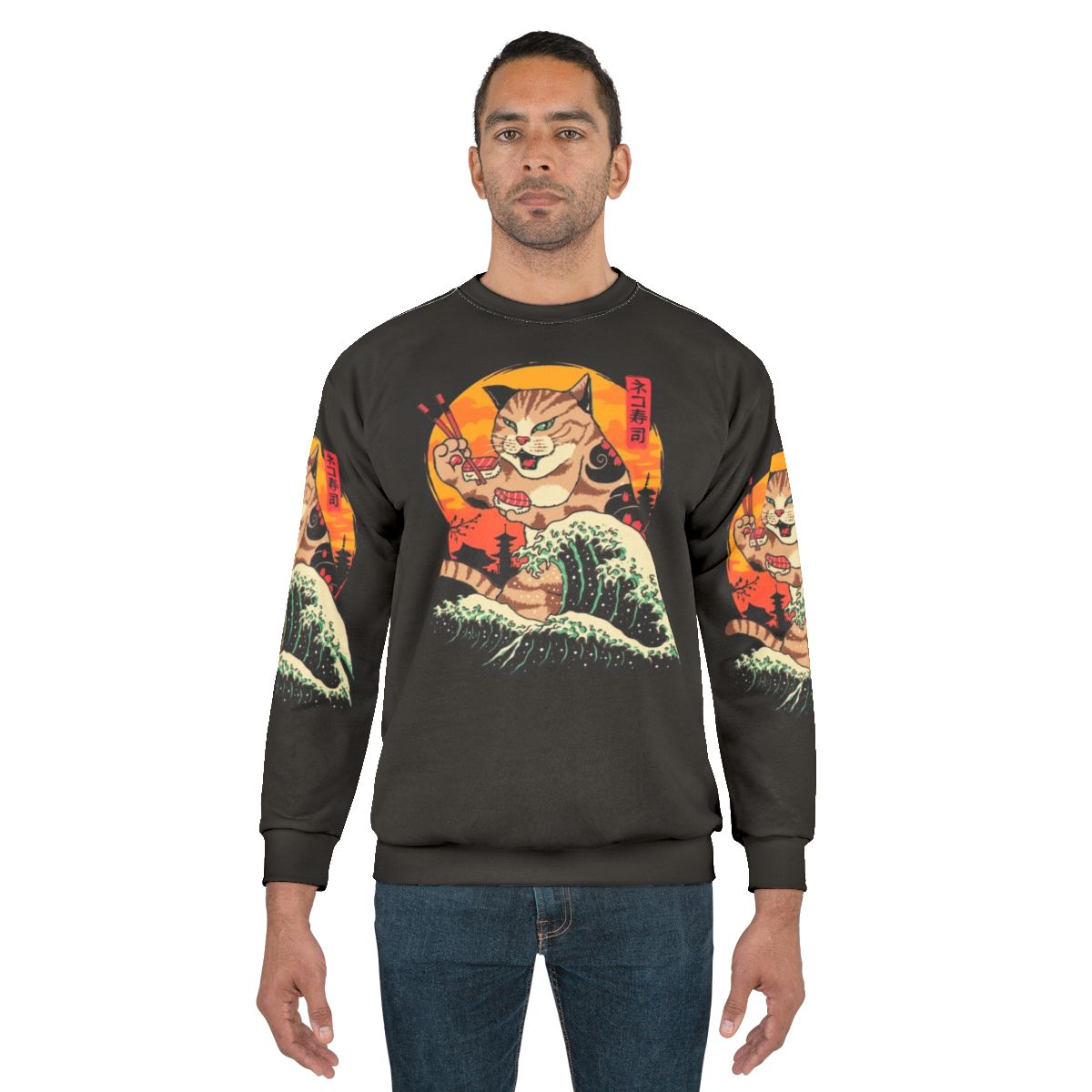 Neko Sushi Wave Sweatshirt featuring a kawaii cat in a sushi design with Hokusai's Great Wave