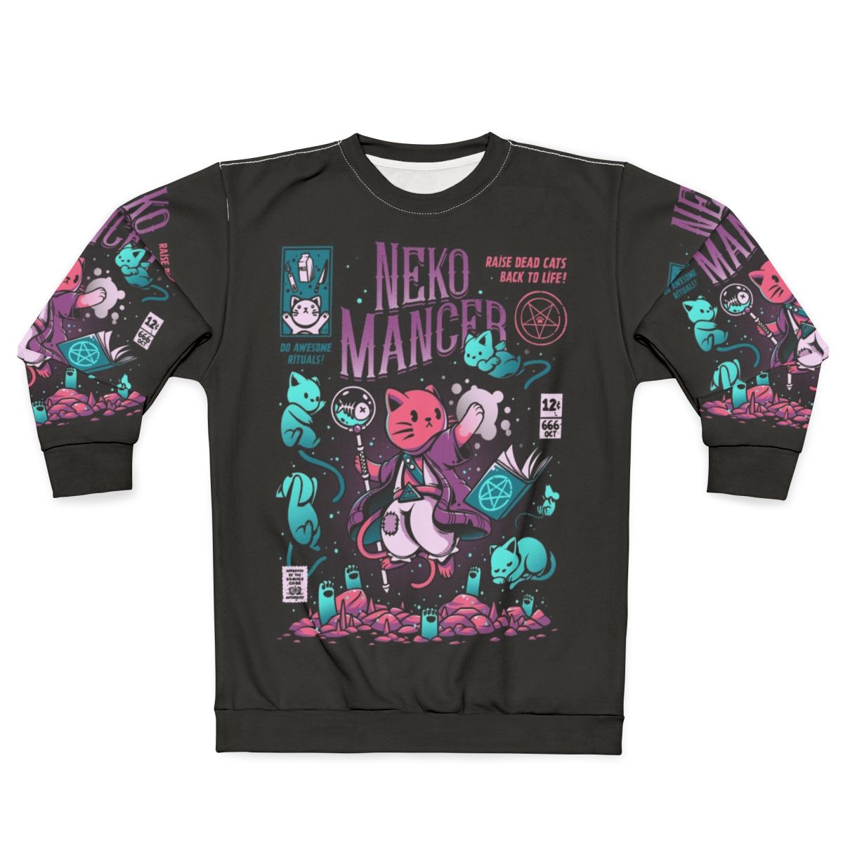 Nekomancer cat magic sweatshirt with spooky supernatural feline design