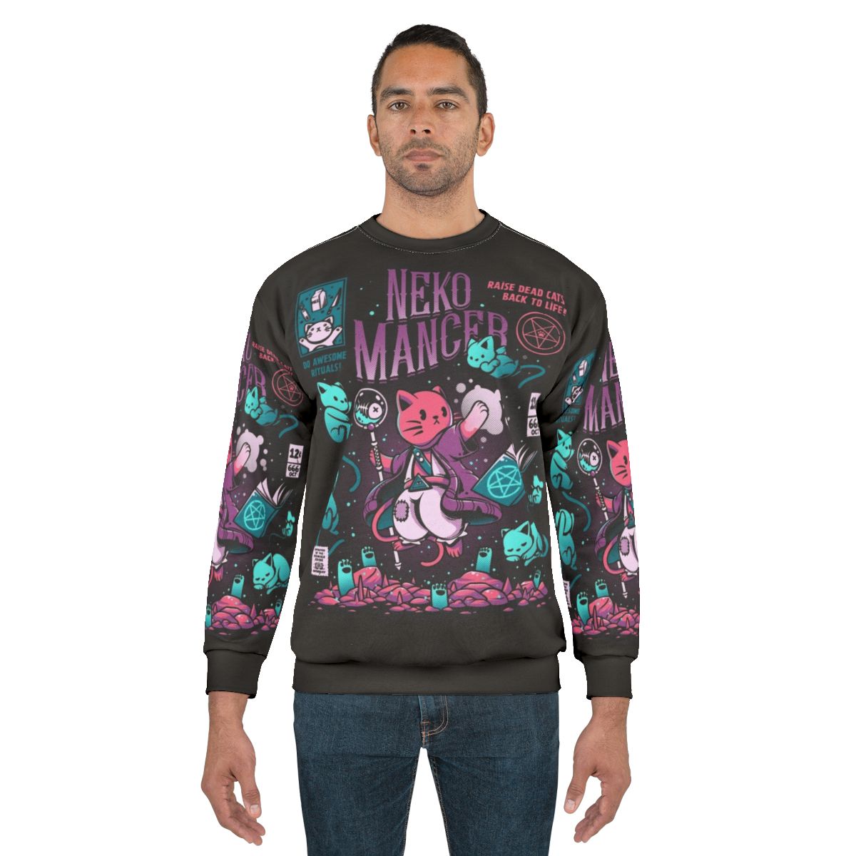 Nekomancer cat magic sweatshirt with spooky supernatural feline design