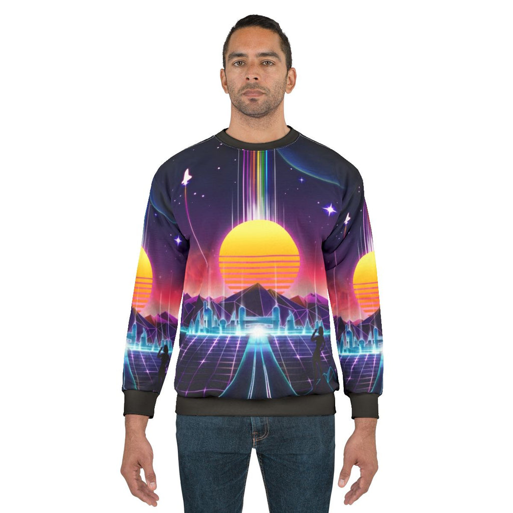 Neon Sunrise Sweatshirt featuring a futuristic, retro-inspired graphic design