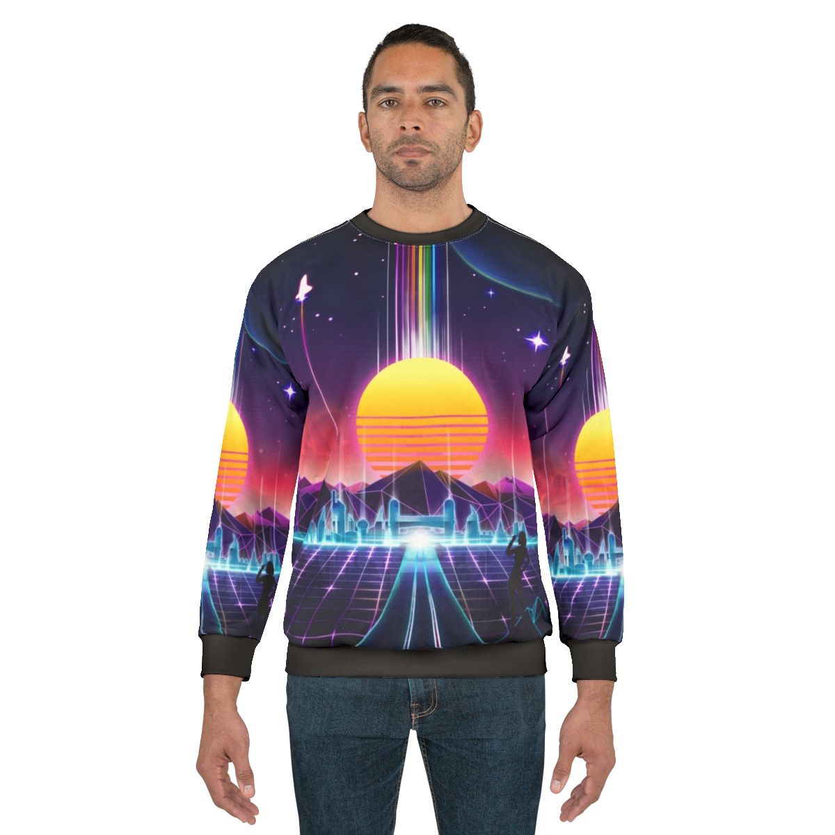 Neon Sunrise Sweatshirt featuring a futuristic, retro-inspired graphic design