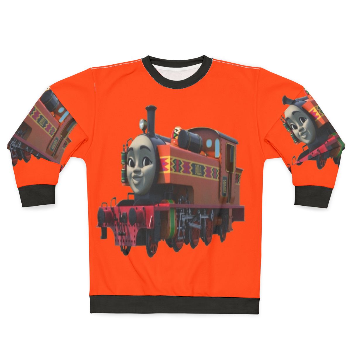 Orange sweatshirt with tank engine design for train enthusiasts