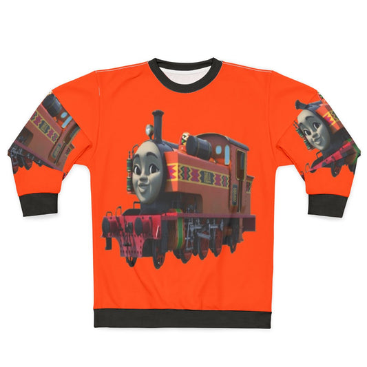 Orange sweatshirt with tank engine design for train enthusiasts
