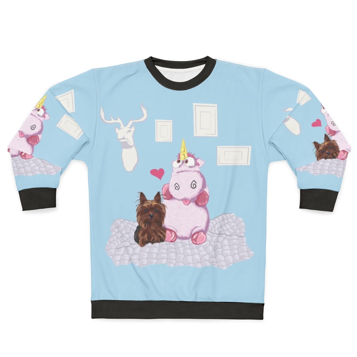 Cute family portrait sweatshirt featuring a legendary unicorn and yorkie dog