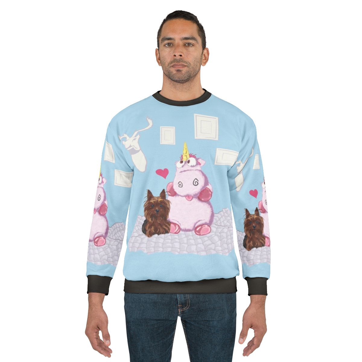 Cute family portrait sweatshirt featuring a legendary unicorn and yorkie dog
