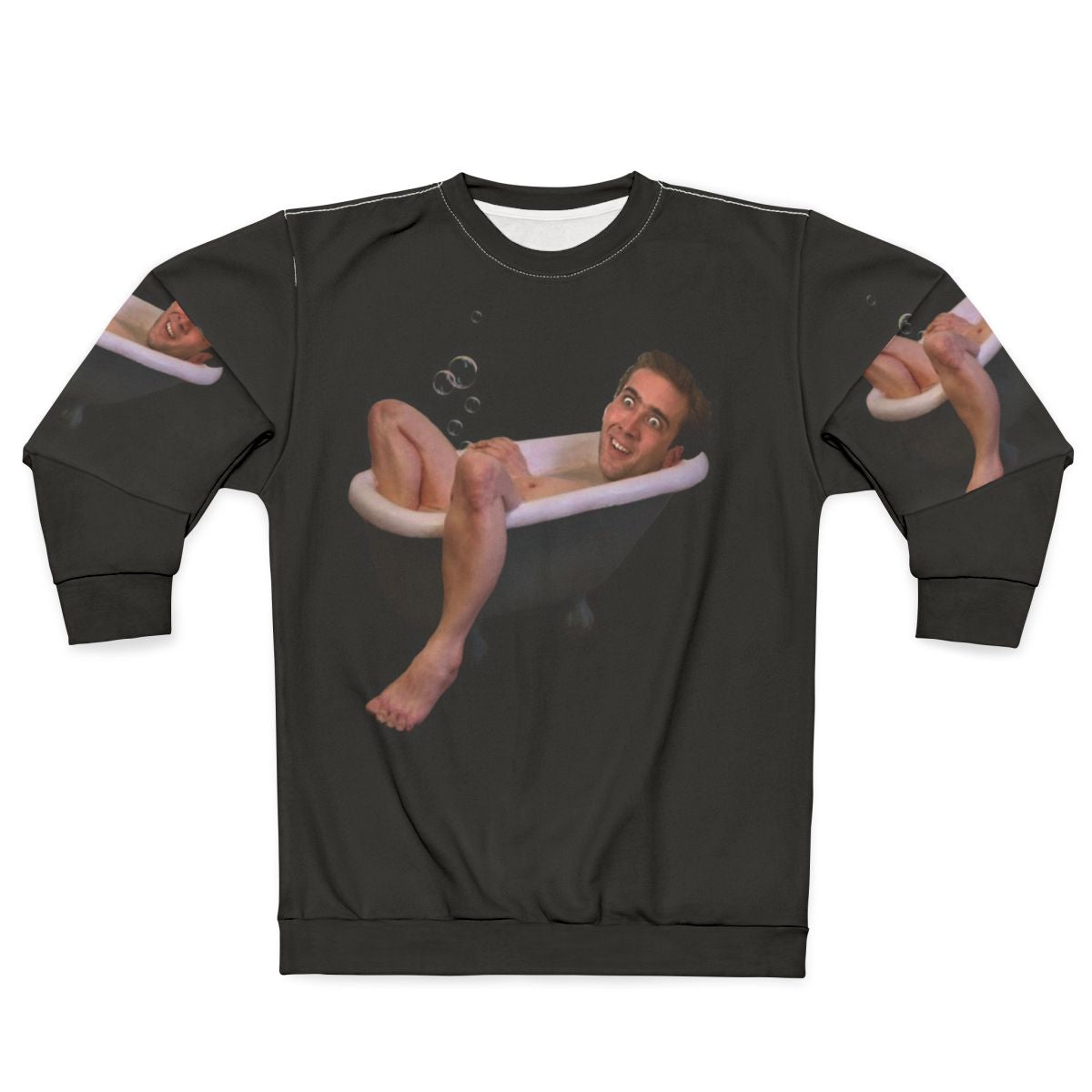 Nicholas Cage taking a bath in a funny sweatshirt