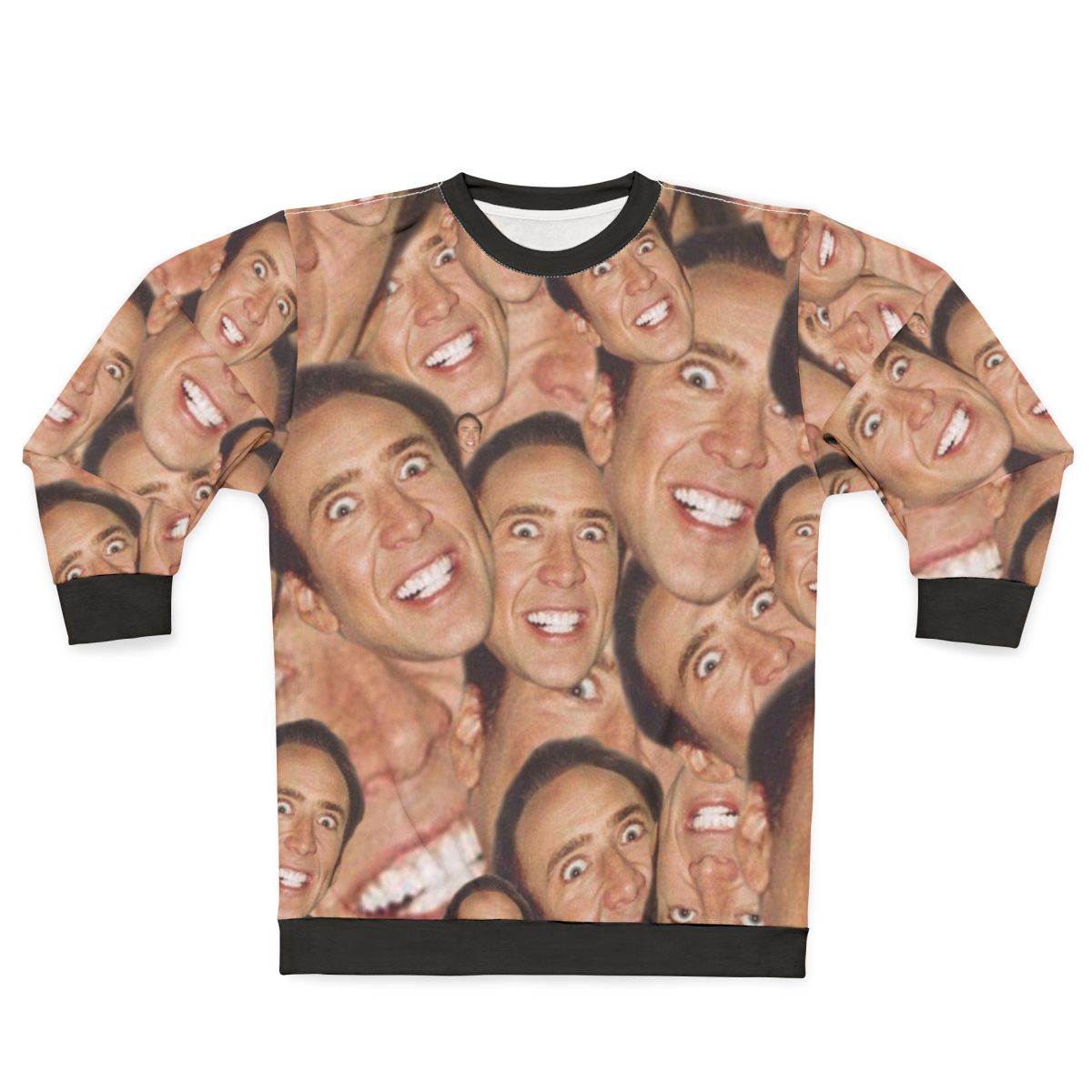 Nicolas Cage face collage design on a sweatshirt