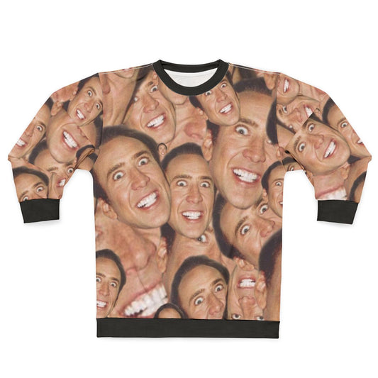Nicolas Cage face collage design on a sweatshirt
