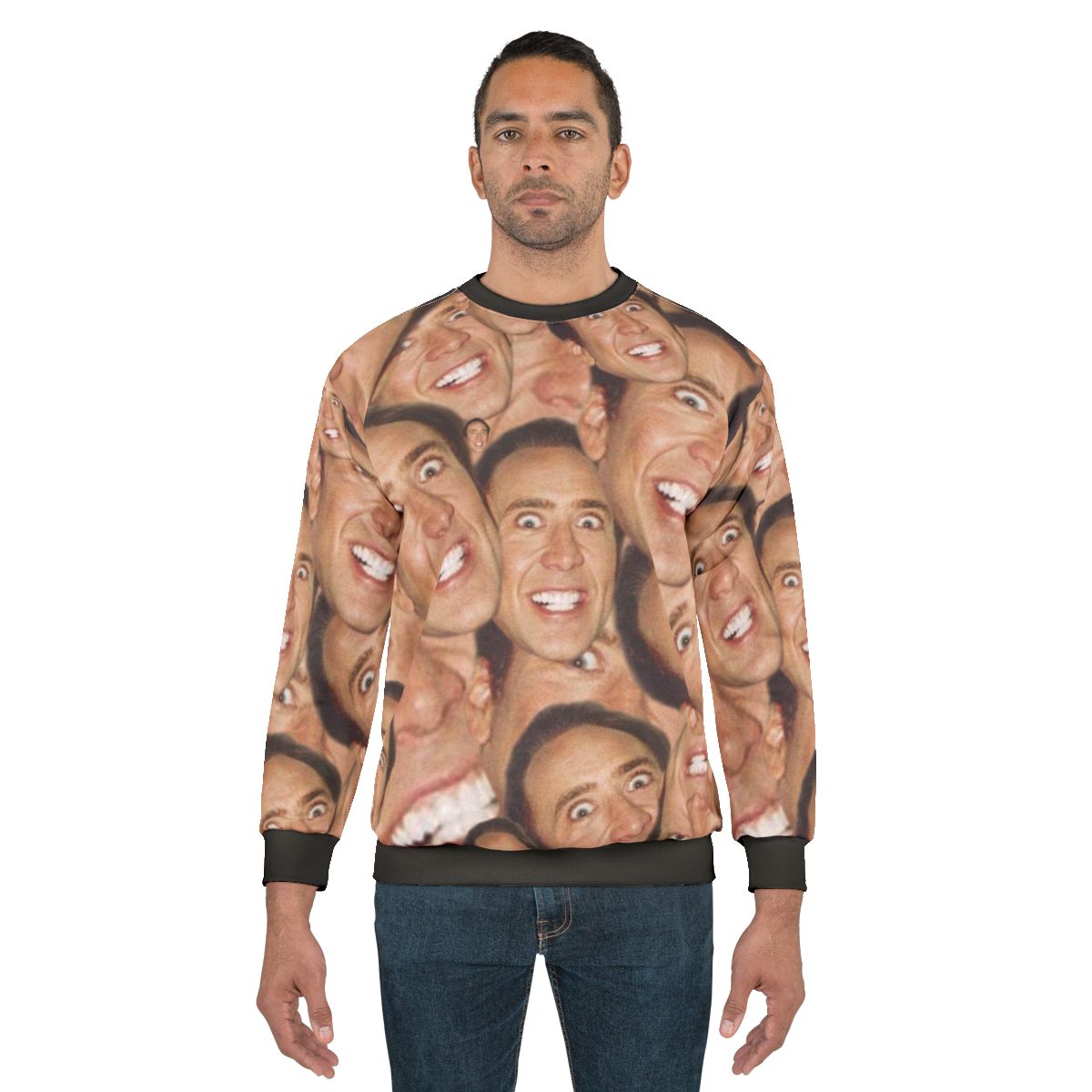 Nicolas Cage face collage design on a sweatshirt