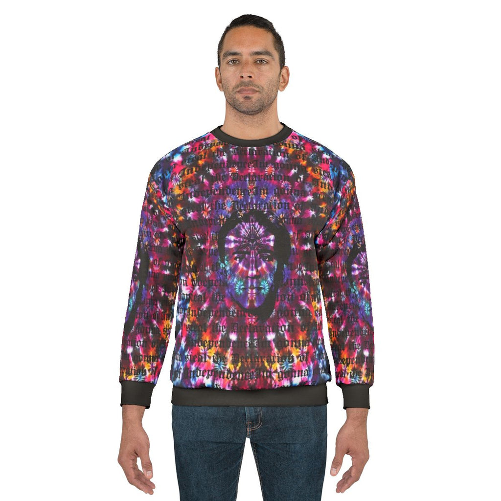 Nicolas Cage tie dye sweatshirt with Shambhala music festival design