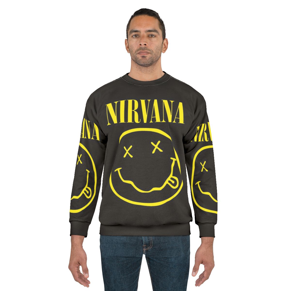 Nirvana 90s Grunge Sweatshirt with Retro Yellow Smiley Face