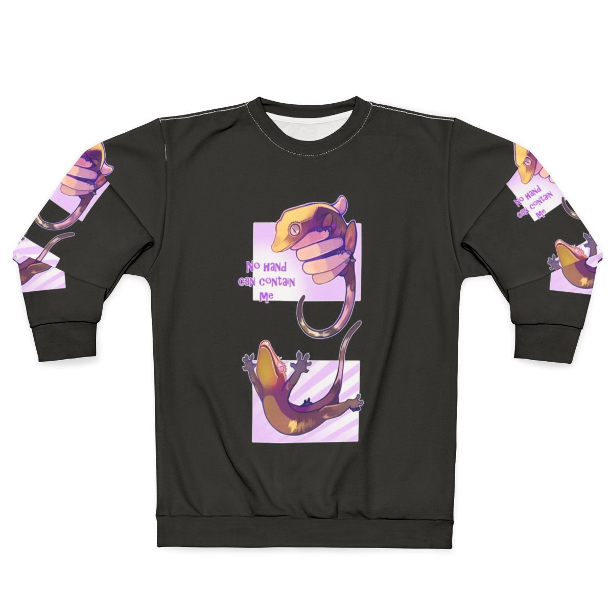 Crested Gecko Sweatshirt with "No Hand Can Contain Me" Design
